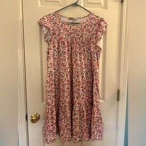 DryGoods pink floral retro dress with ruffle sleeves, size L